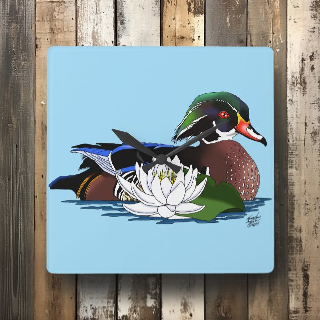 Wood Duck Water Lily Square Wall Clock (Creator Uploaded)
