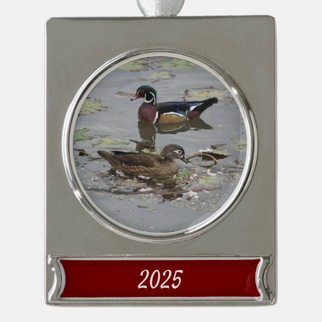 Wood Ducks Christmas Banner Ornament (Front)