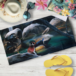 Wood Ducks Pair Pond Nature Wildlife Colourful Beach Towel