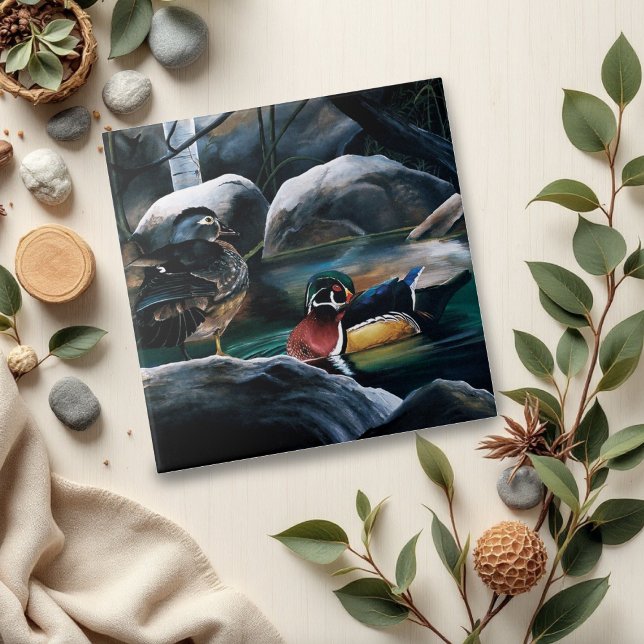 Wood Ducks Pair Pond Nature Wildlife Colourful Tile (Creator Uploaded)