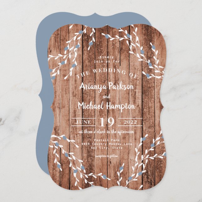 Wood Dusty Blue Berry Wreath Wedding Invitation (Front/Back)