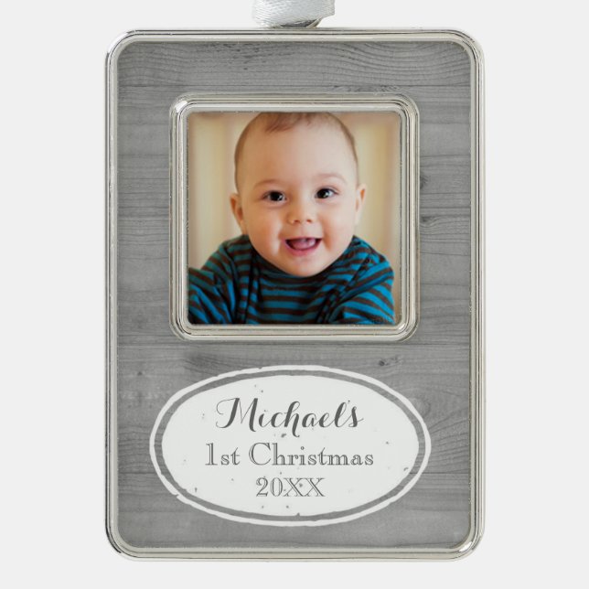 Wood Effect Rustic Baby's First Christmas Ornament (Front)
