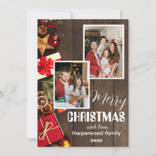 wood elegant family christmas Two Photo Holiday Card