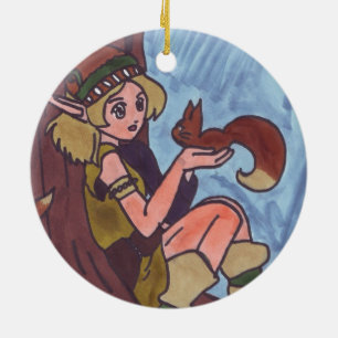 Wood Elf With Squirrel Ceramic Tree Decoration