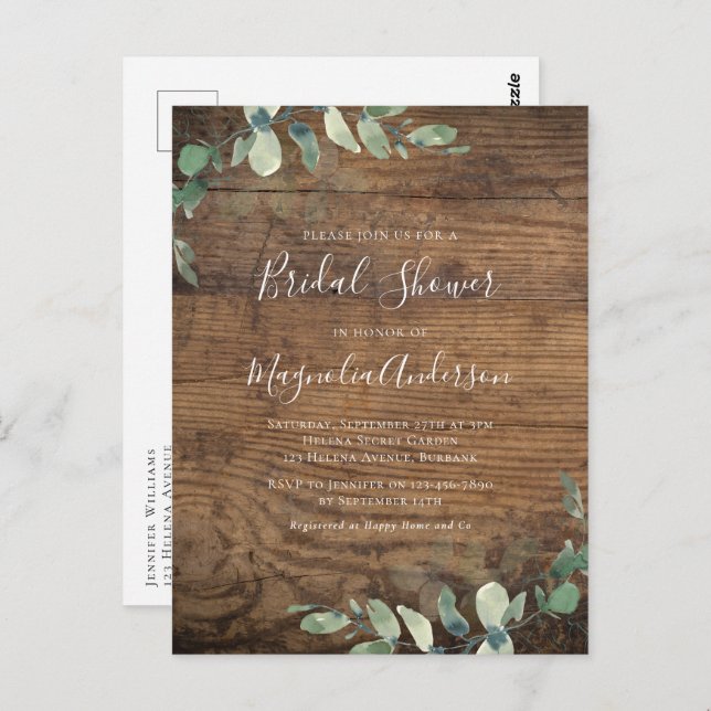 Wood Eucalyptus Bridal Shower Invitation Postcard (Front/Back)