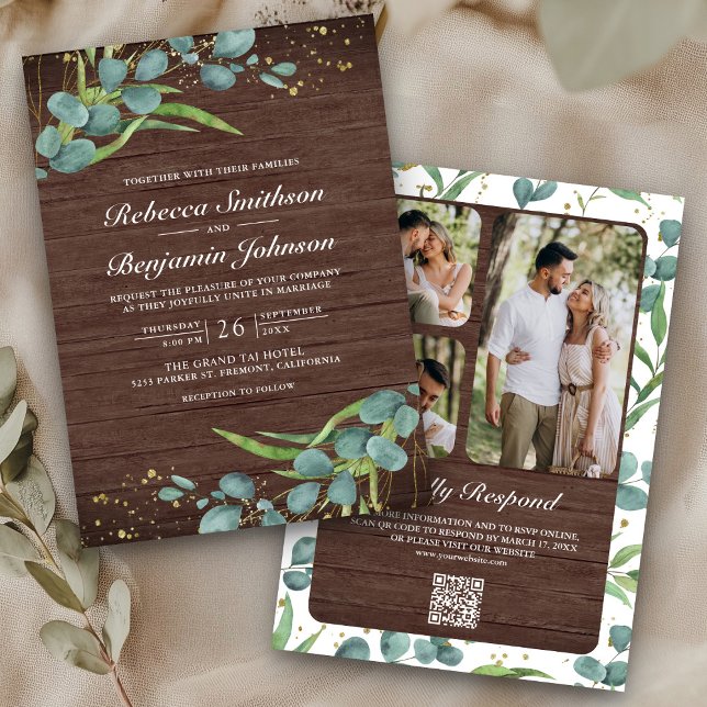 Wood Eucalyptus Photo Collage QR Code Wedding Invitation (Creator Uploaded)