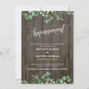 Wood & Eucalyptus Postponed Wedding Announcement