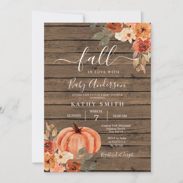 Wood Fall In Love Boho Floral Pumpkin Baby Shower Invitation (Front)