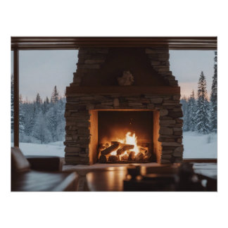 Wood fire in a fireplace. poster