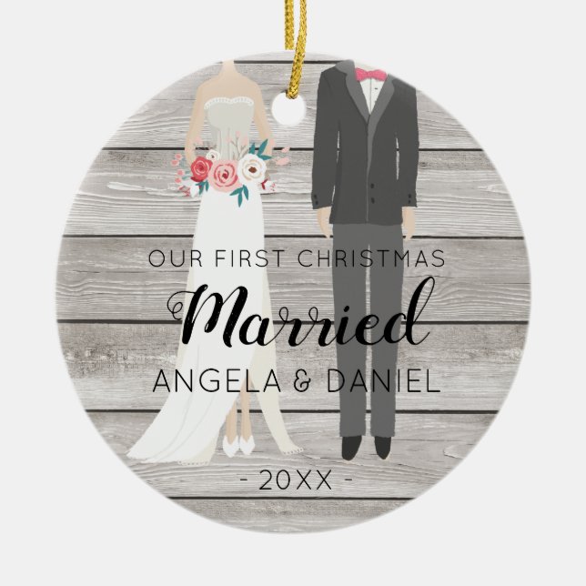 Wood First Christmas Bride and Groom Ceramic Tree Decoration (Front)