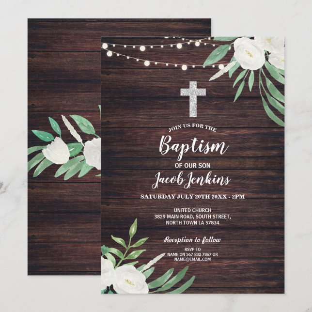 Wood Floral Baptism Green Christening Flower White Invitation (Front/Back)
