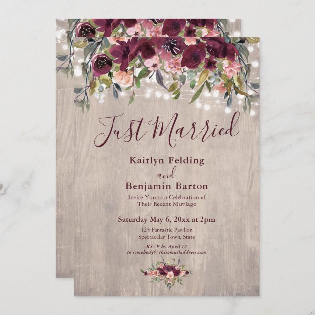 Wood Floral Lights Just Married Reception Only Invitation (Front/Back)