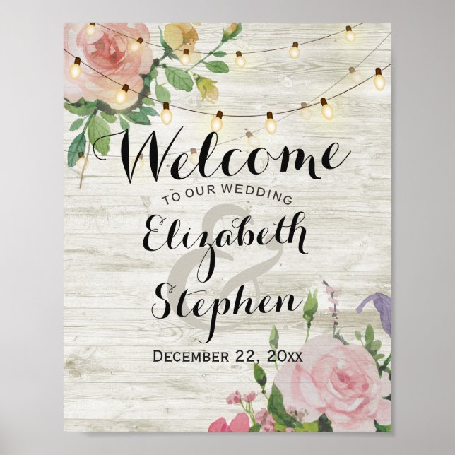 Wood Floral Lights Wedding Welcome Reception Sign (Front)