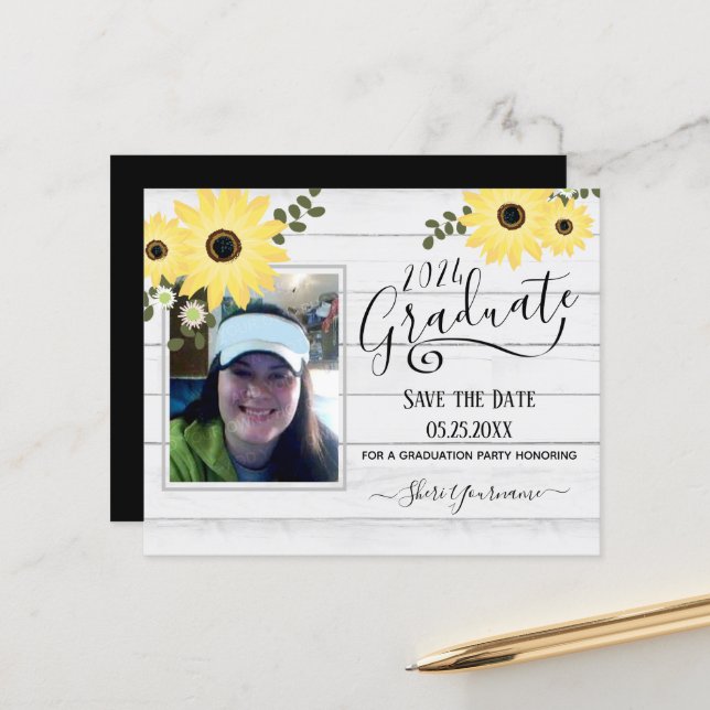 Wood Floral Photo Graduation Party Save the Date I (Front/Back In Situ)