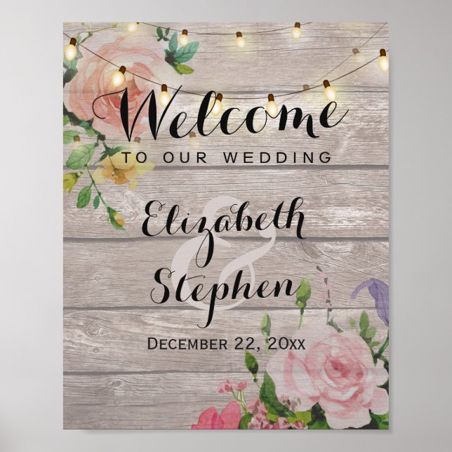 Wood Floral String Lights Wedding Reception Sign (Front)
