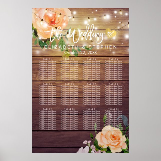 Wood Floral String Lights Wedding Seating Chart (Front)