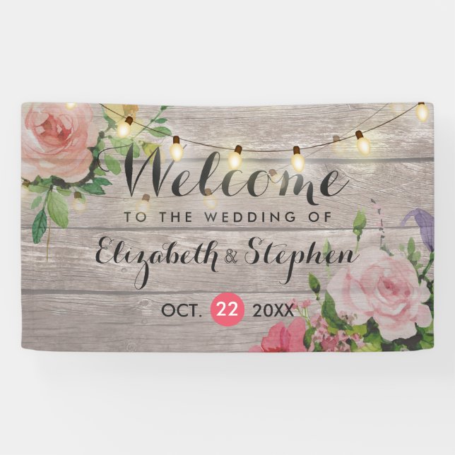Wood Floral String Lights Wedding Welcome Banner (Horizontal)