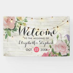 Wood Floral String Lights Wedding Welcome Banner