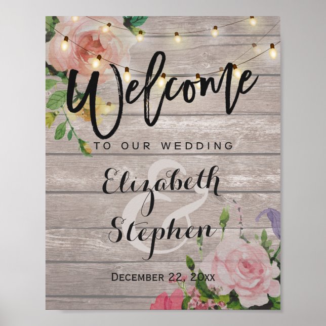 Wood Floral String Lights Welcome Wedding Sign (Front)