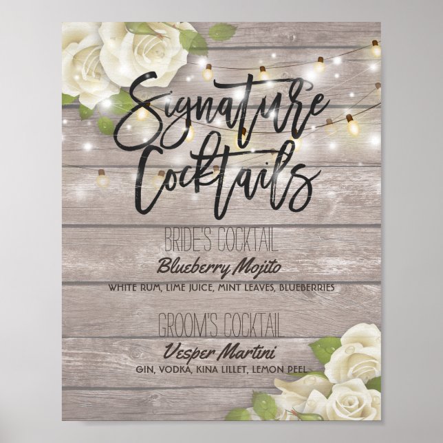 Wood Floral Wedding Signature Cocktail Drink Menu Poster (Front)