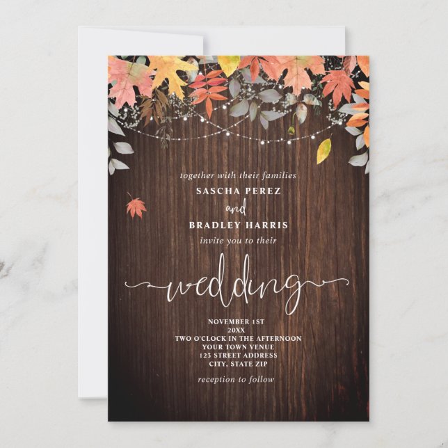 Wood Foliage Leaves String Lights Fall Wedding  Invitation (Front)