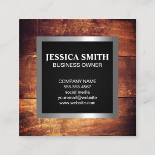 Wood Frame Silver Metallic Trim Black Mesh Square Business Card
