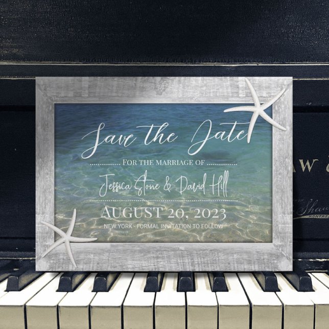 Wood Framed Starfish Beach Wedding Save the Date Announcement Postcard (Creator Uploaded)