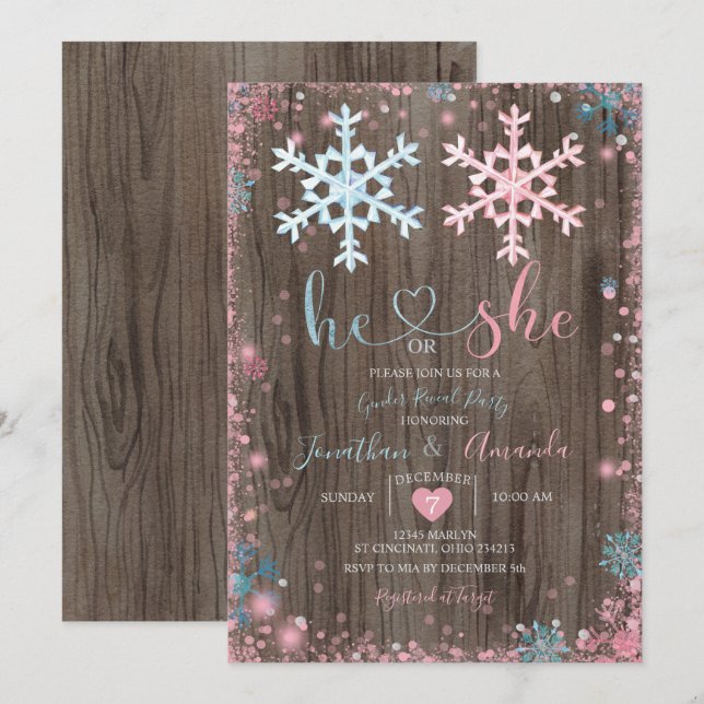 Wood Gender Reveal He or She Winter Snowflakes  Invitation (Front/Back)