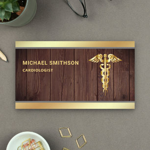 Wood Gold Caduceus Symbol Medical Professional Business Card