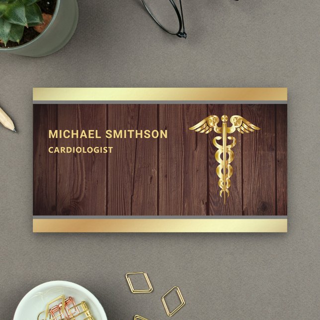 Wood Gold Caduceus Symbol Medical Professional Business Card (Creator Uploaded)