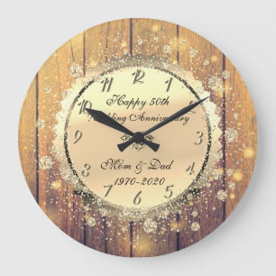 Wood,Gold Confetti 50th Wedding Anniversary Large Clock