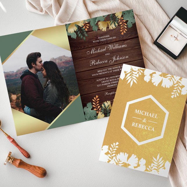 Wood Gold Geometric Tropical Photo Wedding Foil Card (Creator Uploaded)