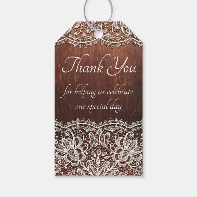 Wood Grain and Lace Rustic Wedding Gift Tag (Front)