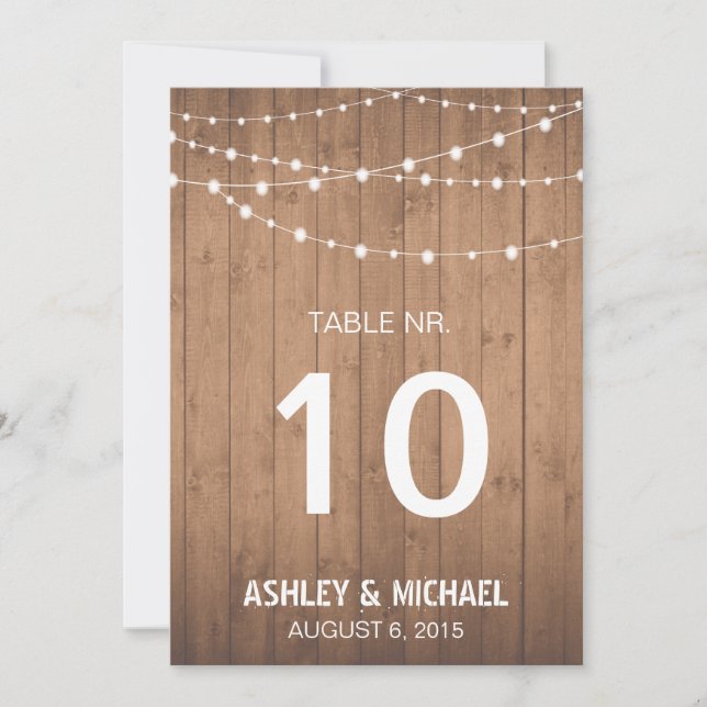 Wood Grain and string lights table numbers (Front)