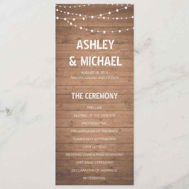Wood Grain and string lights Wedding Program Programme (Front)