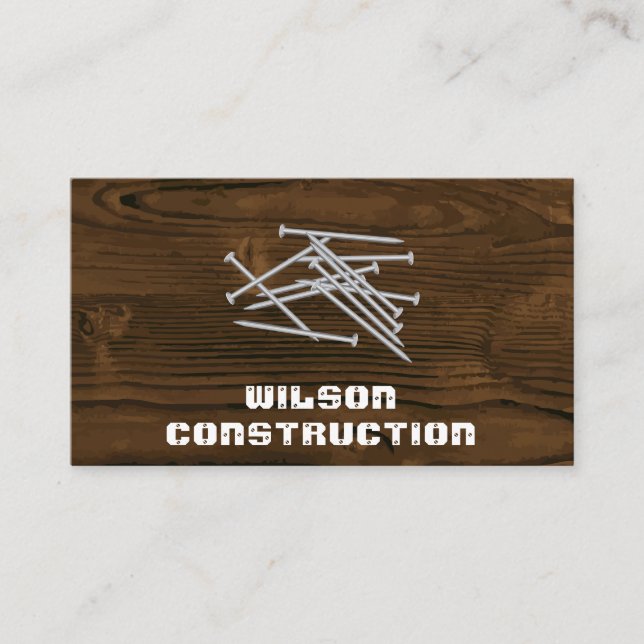 Wood Grain Background | Pile of Nails Business Card (Front)