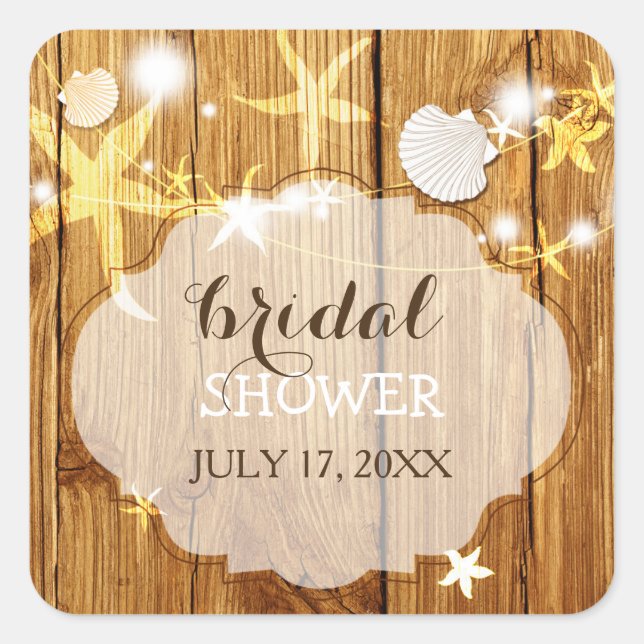 Wood Grain Beach Bridal Shower Square Sticker (Front)
