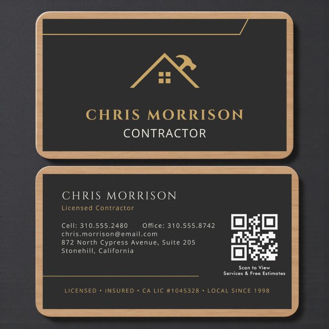Wood Grain Black Gold Builder Contractor QR Code Business Card (Creator Uploaded)