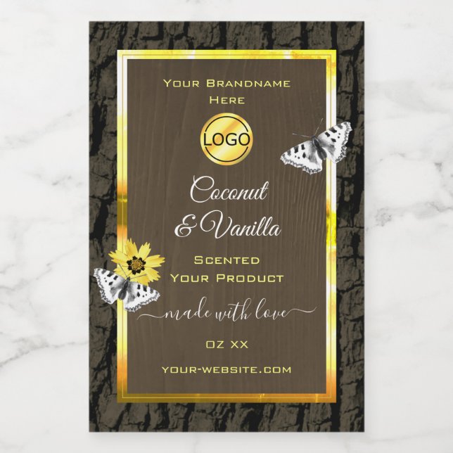 Wood Grain Dark Brown Gold Product Labels Add Logo (Single Label)