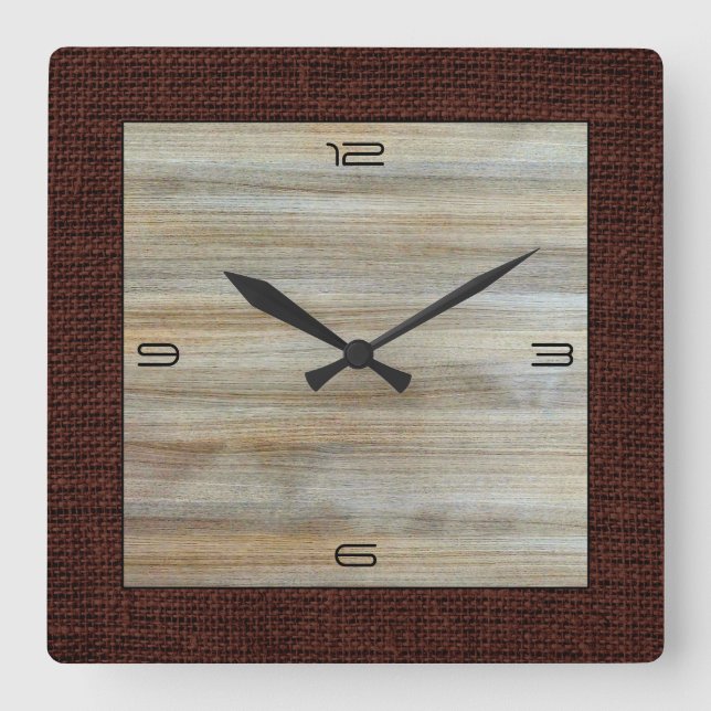 Wood Grain Modern Burlap Border Square Wall Clock (Front)