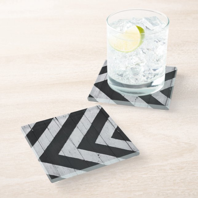 Wood Grain Painted Black and White Pattern Glass Coaster (Angled)