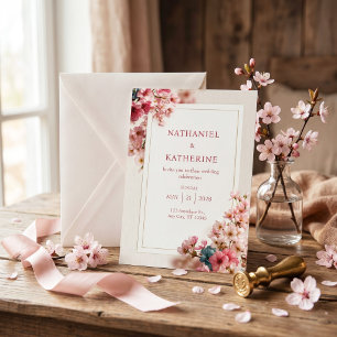 Wood Grain Romantic Pink Sakura Frame Wedding Invitation