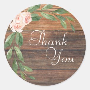 Wood Grain Rustic Floral Thank You Wedding Classic Round Sticker