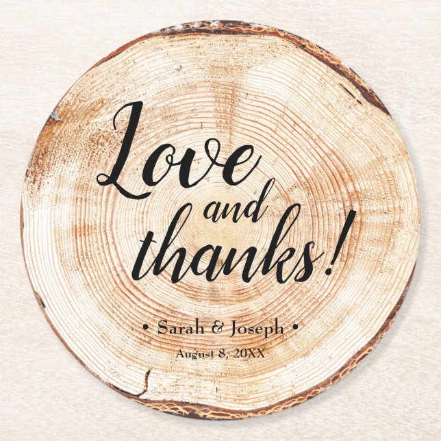 Wood Grain Rustic Wedding Love and Thanks Wedding Round Paper Coaster (Front)