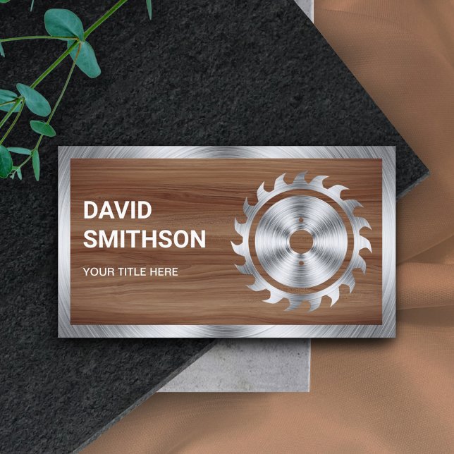 Wood Grain Steel Circular Saw Handyman Carpenter Business Card (Creator Uploaded)