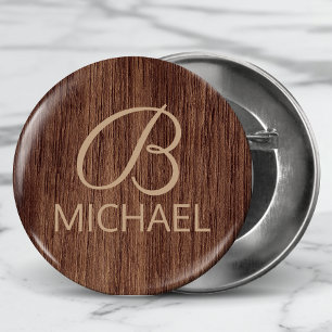 Wood Grain Timber With Monogram Personalised Name 6 Cm Round Badge