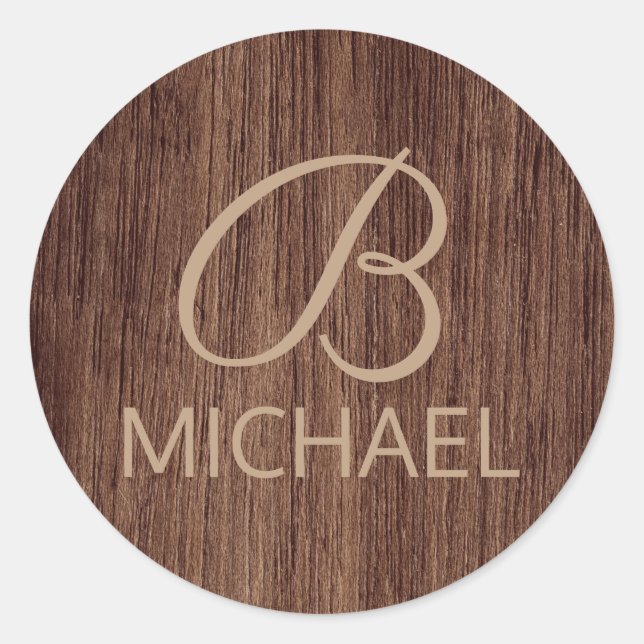 Wood Grain Timber With Monogram Personalised Name Classic Round Sticker (Front)