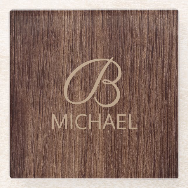 Wood Grain Timber With Monogram Personalised Name Glass Coaster (Front)