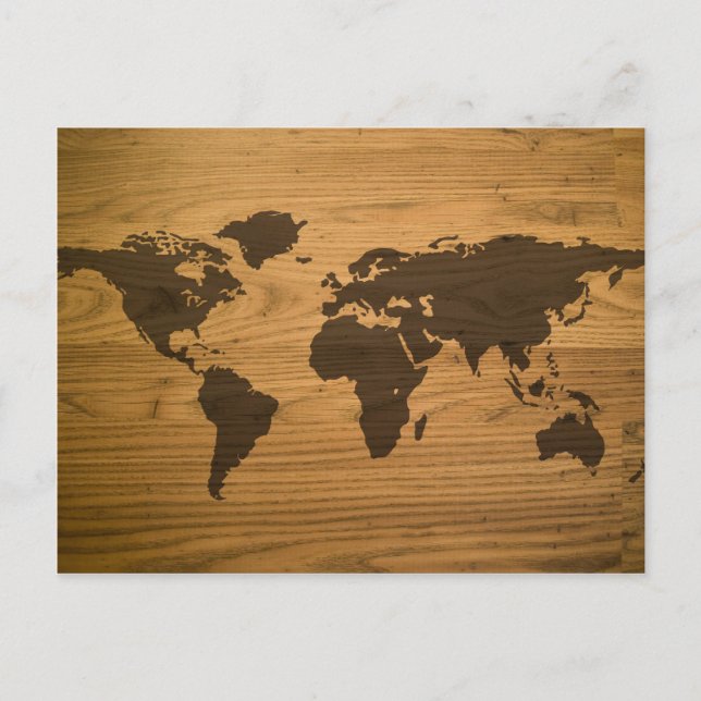 Wood Grain World Map Postcard (Front)