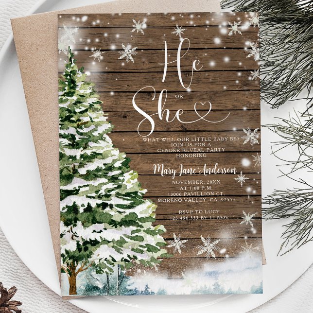 Wood He or She Evergreen Winter Gender Reveal Invitation (Creator Uploaded)